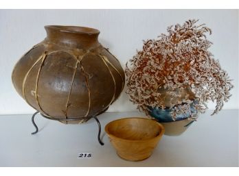 Pottery Vessel, Vase, & Wood Bowl