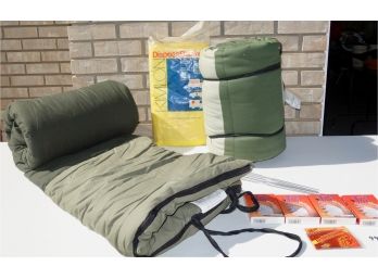 2 American Trails Sleeping Bags (in Great Condition), Handwarmers, Marshmallow Sticks &Blanket