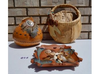 Southwestern Décor Including Decorated Gord, Wall Basket, Clay Dish