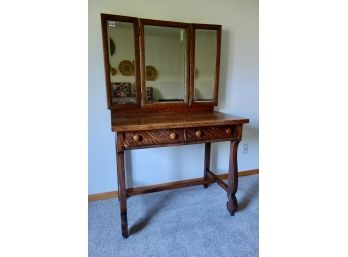 Antique Oak Veneer Vanity W/Drawers & Mirror