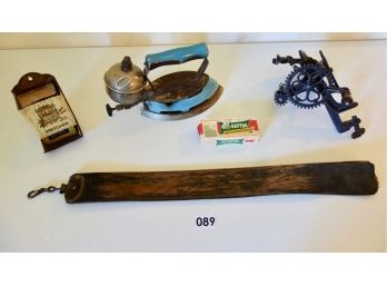Antique Iron, Apple Peeler, Match Holder, Soap, & Strop