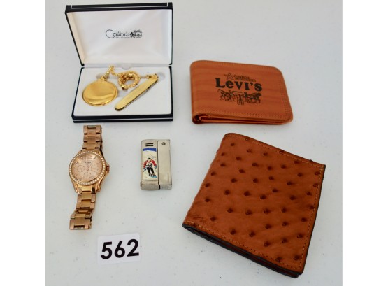 2 Leather Wallets, Vintage Imco Streamline 6800 Lighter, Fossil Watch, & More
