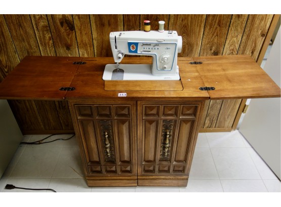 Singer Sewing Machine In Cabinet W/Sewing Supplies
