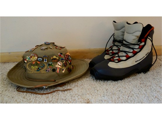 Mens' Sz 8.5 Nordic Ski Boots, & Hat W/Pins From Around The World