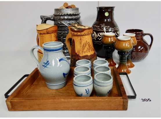 Assorted Wood & Ceramic Pitchers & Goblets W/Large Stein