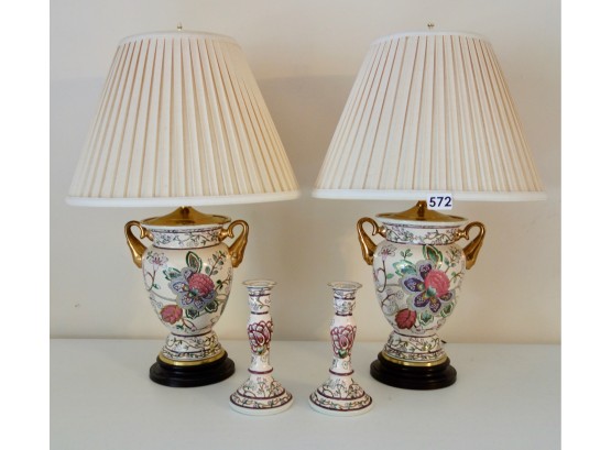 2 Gorgeous Table Lamps W/Coordinating Candlesticks