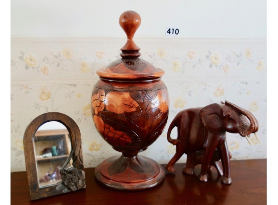Wood Vessel, Elephant, & Mirror