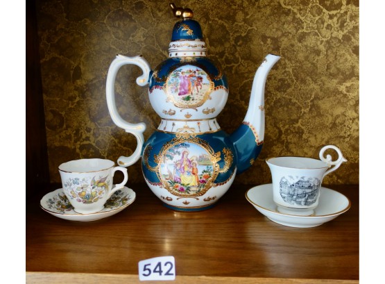 Large Painted Teapot & 2 Teacups
