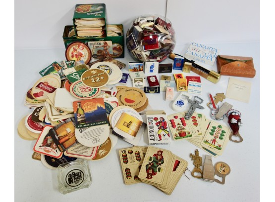 Vintage Coaster, Matchbook, Bottle Opener Collections W/Vintage Czech Playing Cards & More