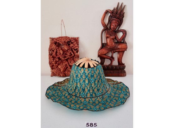 2 Ornate Hindu Carvings & A Collapsible Sun Hat