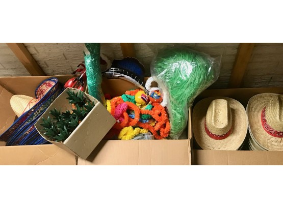 Boxes Of Cowboy Hats, Sombreros, Leis, Faux Grass Skirts, & More