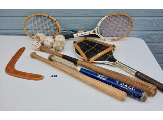 Vintage Baseball Bats, Balls, Rackets, & Boomerang