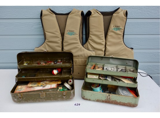2 Vintage Tackle Boxes W/Tackle & Fly Fishing Vests
