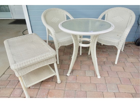 2 Plastic Wicker Chairs W/29' Table & Coffee Table