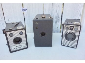 3 Antique Box Cameras Including Sure Shot, Empire, & Eastman Kodak