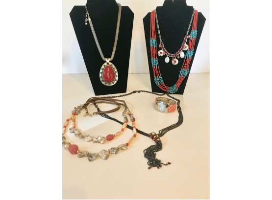 Necklaces In Turquoise Tones, Mother Of Pearl Watch, & Sterling Earrings