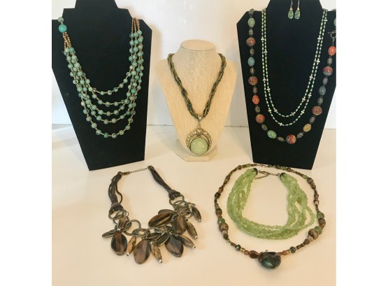 Beaded Jewelry Including Peridot, Fresh Water Pearls, & Sterling Earrings.