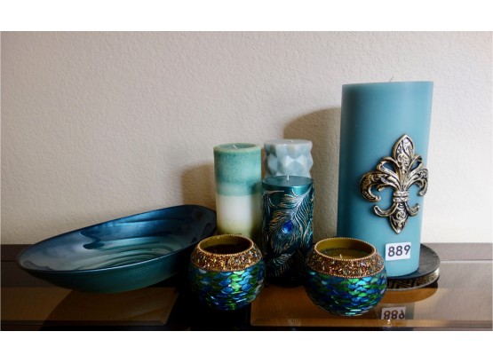 Art Glass Bowl & Candle Décor In Blues