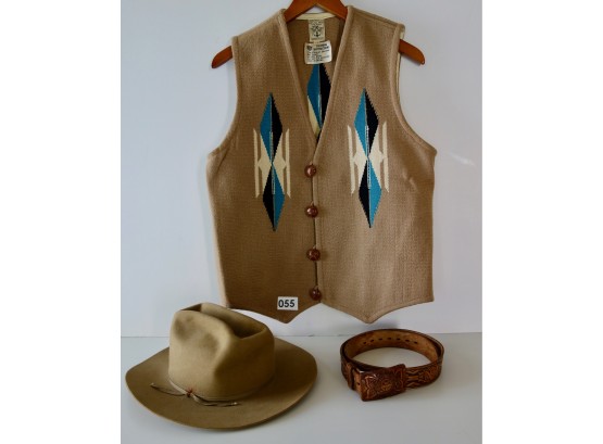 Vintage Stetson Hat, Tooled Leather Belt, & Woven Mexican Style Vest - 055