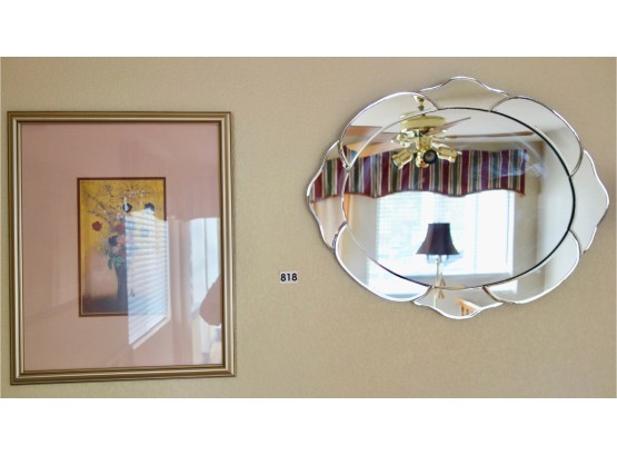 Floral Print And Beveled Wall Mirror