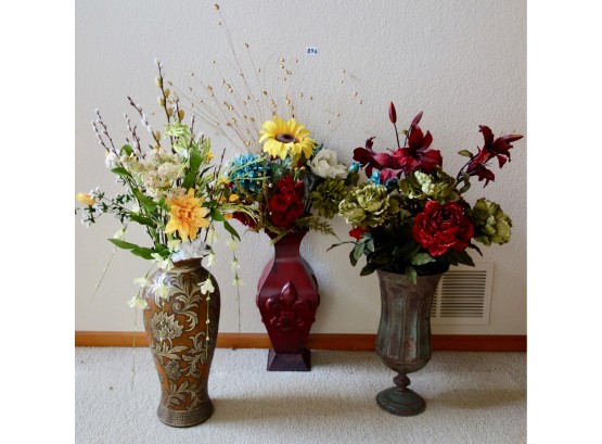 3 Large Vases W/Faux Arrangements