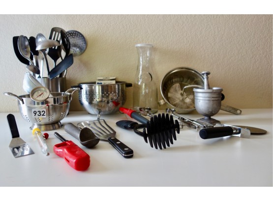 Kitchen Tools Including Mortar/Pestle, Colanders, & Utensils