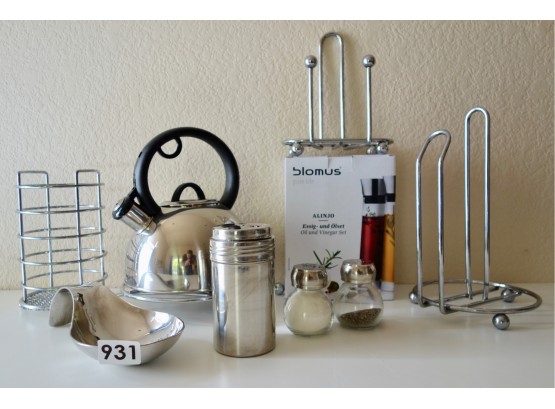 Various Chrome & Stainless Kitchen Accessories Including New In Box Blomus Cruet Set