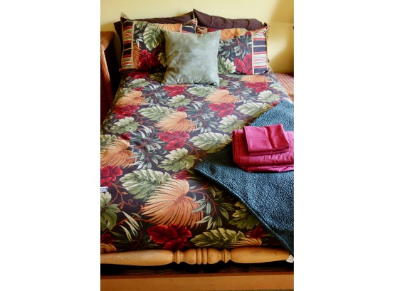 Lovely Tropical Bedding Including Duvet, Red Sheet Set, Pillows, Blanket, & Bedskirt