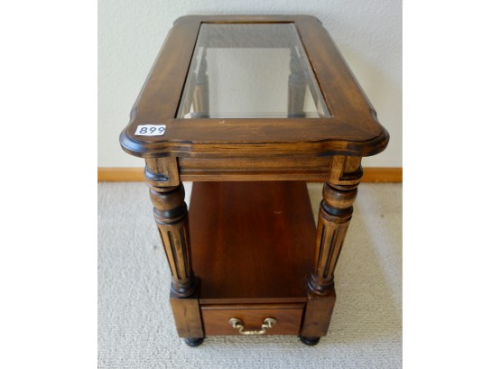Narrow Glass & Wood Side Table W/Drawer