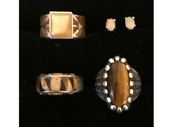 3 Sterling Silver Rings W/Tiger Eye Stones & More