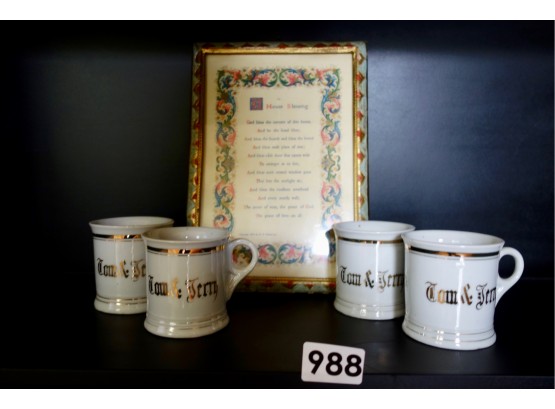 4 Vintage Tom & Jerry Mugs W/Sweet Framed Florentine House Blessing
