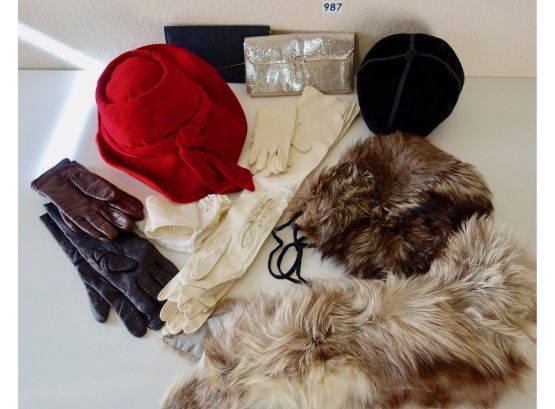 Vintage Fur Hood, Fur Wrap, Hats, Clutches, & Gloves