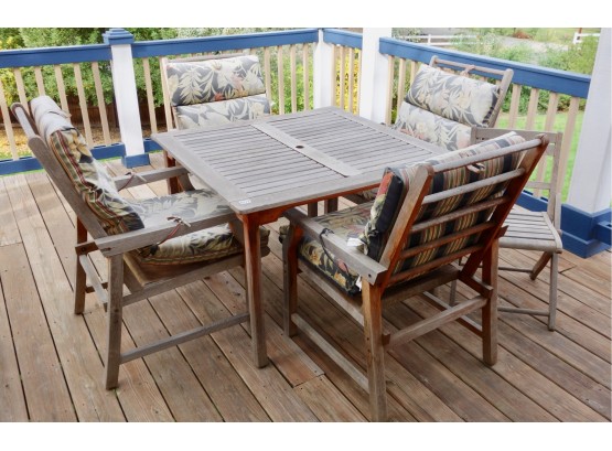 Wood Outdoor 43' Square Table W/4 Armchairs & Extra Folding Chair