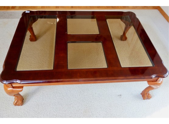 Wood & Glass Coffee Table With Cabriole Legs & Claw And Ball Feet