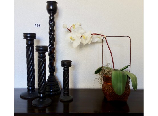 Black Wood Candlesticks & Faux Orchid