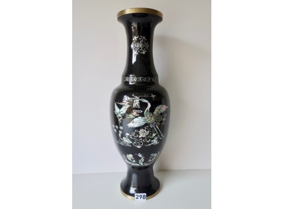 Large Mother Of Pearl Inlay & Black Lacquer Vase