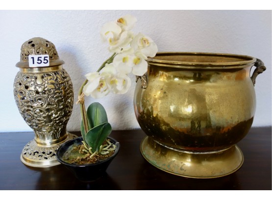 Brass Urn & Pot W/Faux Orchids