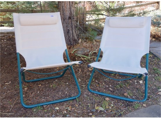 2 Low Folding Lawn Chairs W/Headrests