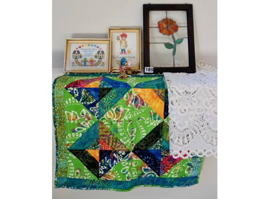 Small Quilt Wall Hanging, Cross Stitch, Leaded Glass & More