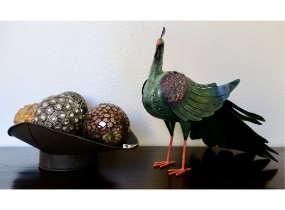 Fun Metal Peacock And Decorative Balls.