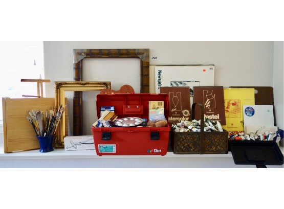 Huge Lot Of Art Supplies Including Portable Easel, Paper, Frames, Paints, Etc.