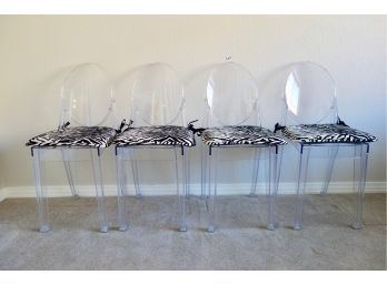 4 Acrylic 'Ghost' Dining Chairs With Zebra Print Cushions