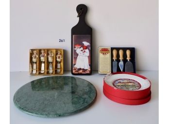 French Style Cheese Serving Items Including Green Marble Cheese Board & Restoration Hardware Cheese Plates