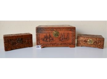 3 Carved Wood Boxes, As Is