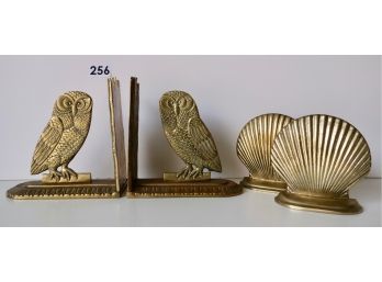 Mid Century Brass Owl Bookends & Brass Shell Bookends