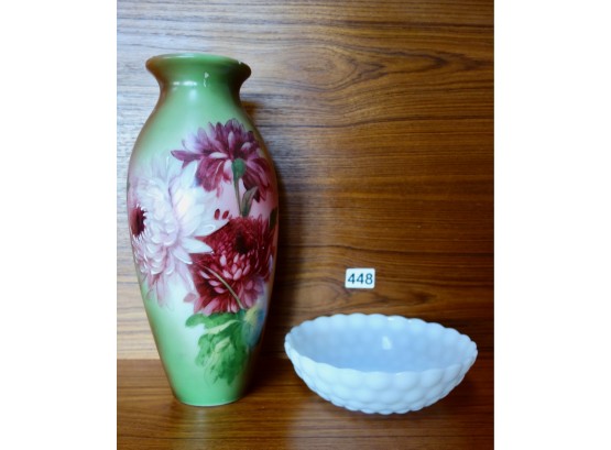 Painted Glass Vase & Milk Glass Bowl