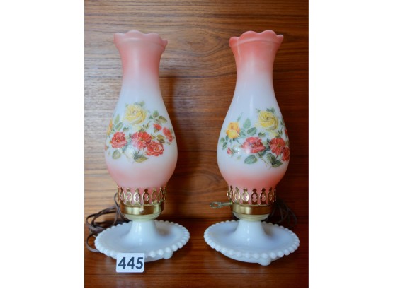 Pair Of Painted Milk Glass Lamps