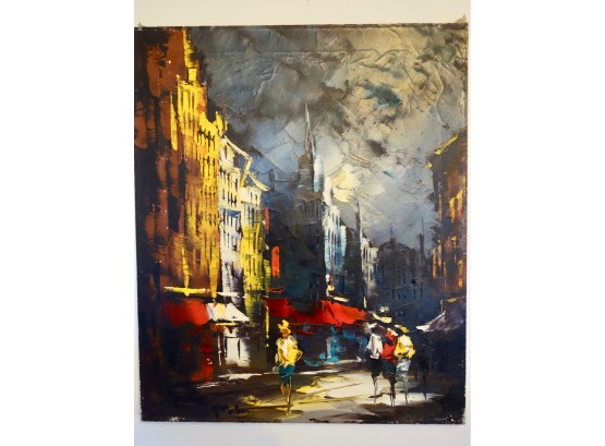Mid Century Signed Impressionist Oil Painting Of Night Scene