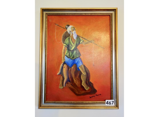 Vintage Signed Acrylic Painting Of Asian Fisherman