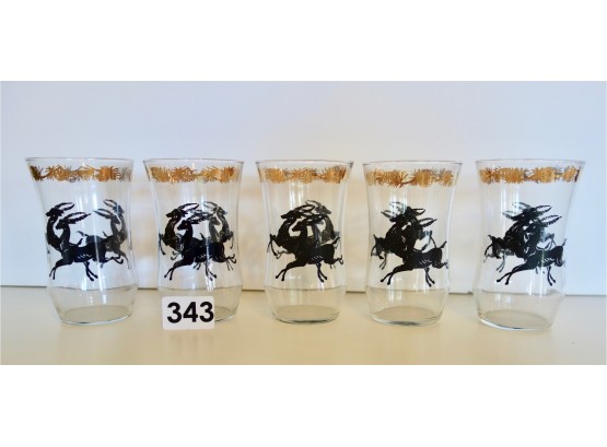 5 Mid Century Leaping Gazelle Tumblers With Pinecone Motif In Gold